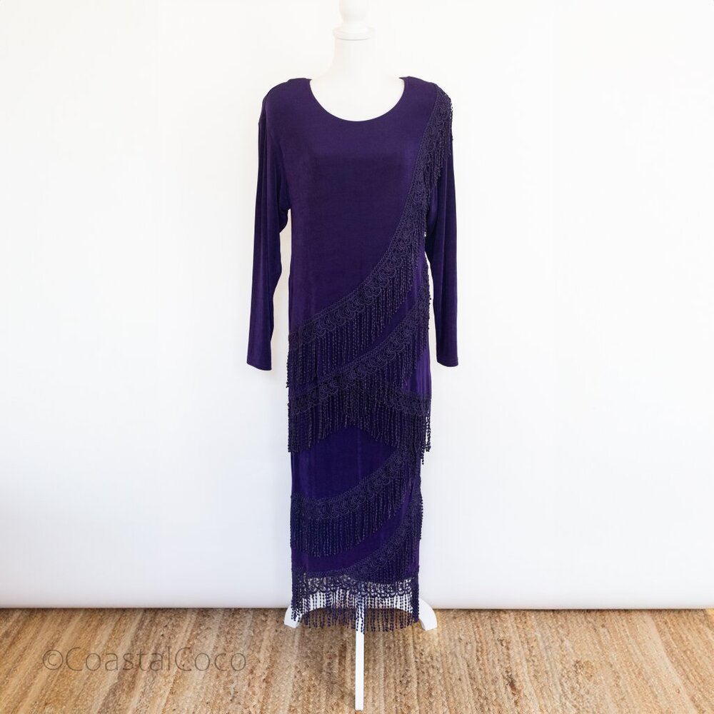 Vintage Tanuja 2pc Large Fringe Skirt & Top Set Purple Flapper Gatsby Evening